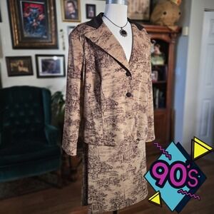 Vintage 90s Courtenay Toile Print Blazer Skirt Suit Set Brown Cottagecore